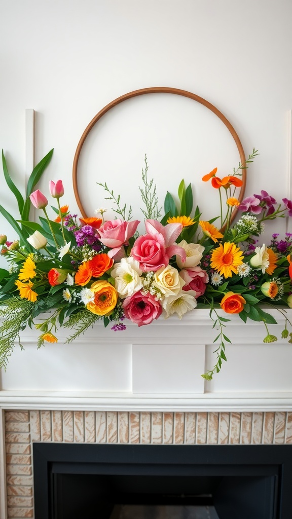 Vibrant floral arrangement over a fireplace mantel with a circular wooden hoop.