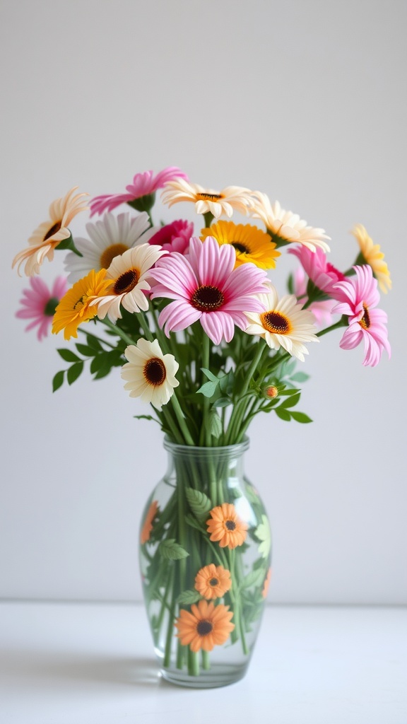 A colorful floral arrangement in a clear vase, featuring pink, yellow, and white daisies, with green leaves.