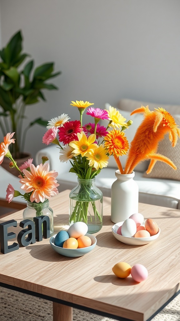 A living room table decorated with colorful flowers and Easter eggs.