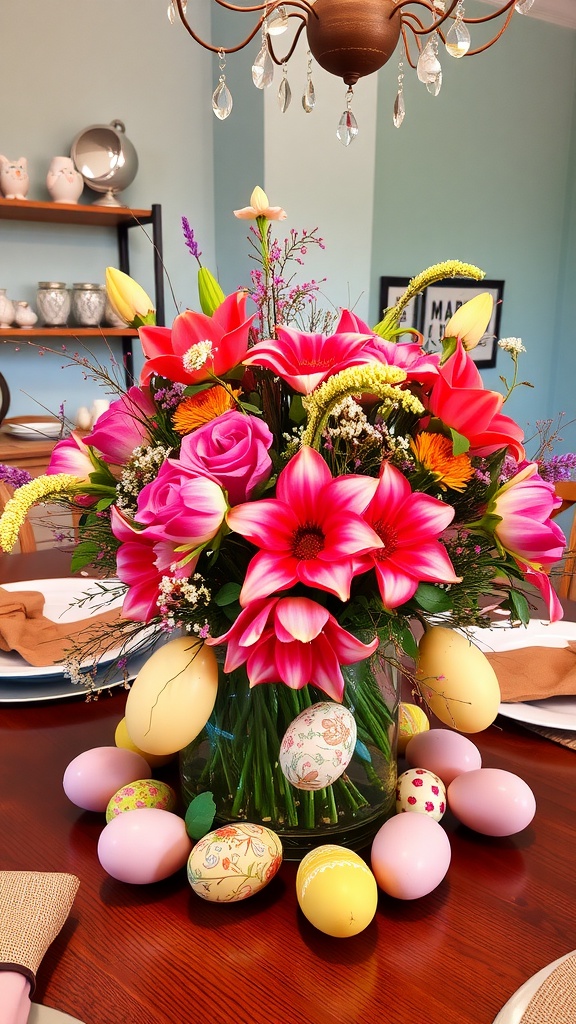 A colorful floral Easter egg centerpiece with pink lilies and decorative eggs.