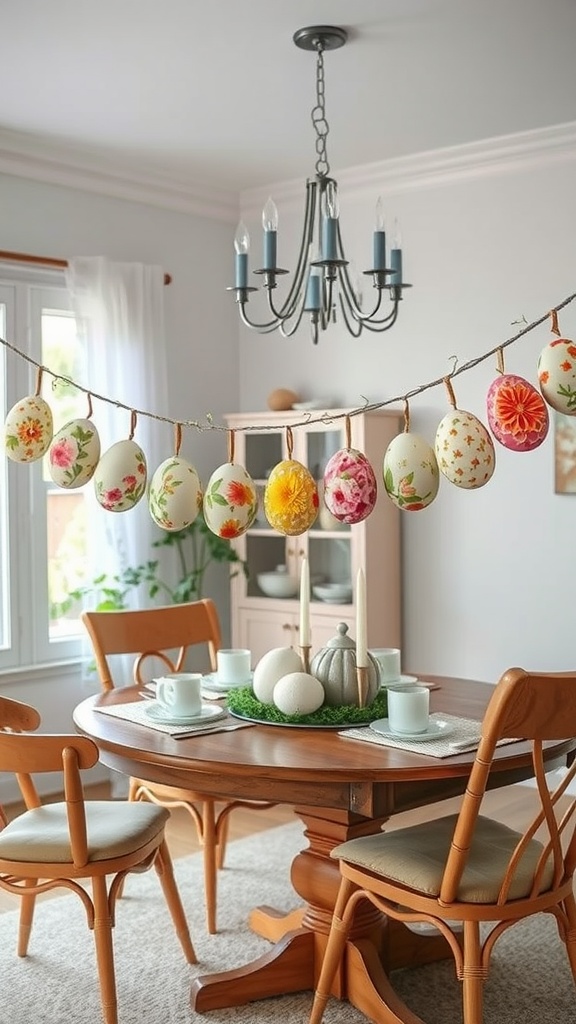 A decorative garland of floral-themed eggs hanging above a dining table, enhancing the Easter decor in a bright and inviting space.