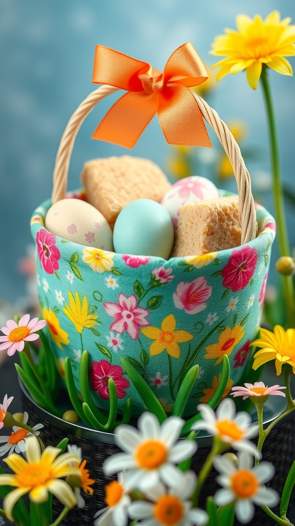 A floral fabric basket filled with colorful eggs and treats, decorated with a bright orange ribbon and surrounded by flowers.