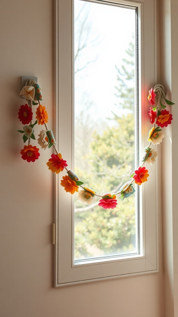 A colorful floral fabric garland hanging on a window, brightening up the space.