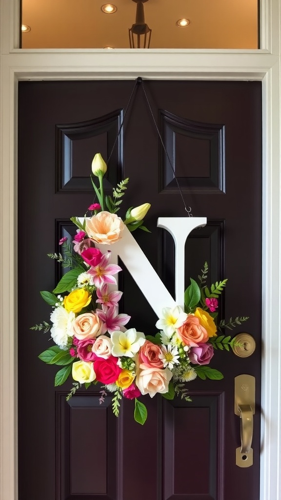 Floral initial monogram hanging on a door, featuring a large white letter 'N' surrounded by colorful flowers.