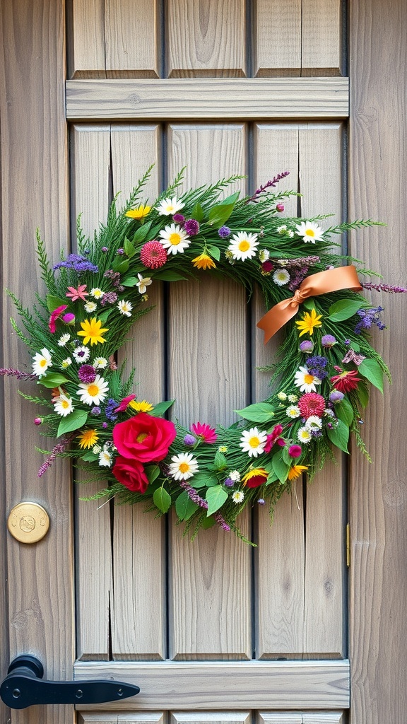 A colorful floral wreath with daisies, roses, and wildflowers on a wooden door.