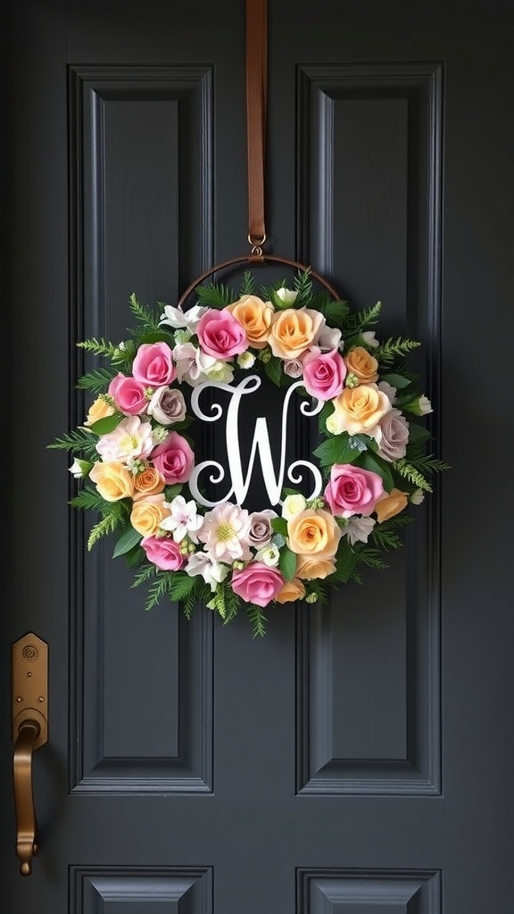 A floral monogram wreath with pink, yellow, and white flowers, featuring a central letter 'W', hung on a dark door.