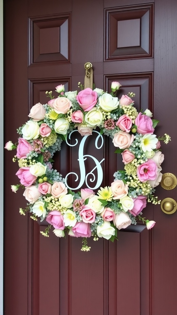 A pastel floral monogram wreath with roses and greenery, hanging on a brown door.