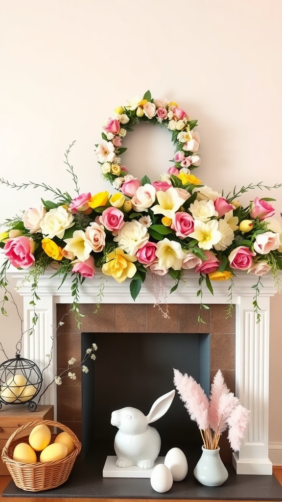 A floral pastel garland decorating a mantel with a wreath, decorative bunny, and pastel eggs.