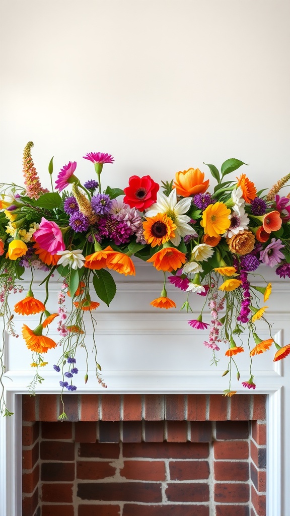 A colorful floral garland draped over a white mantle, featuring various spring flowers in bright colors.