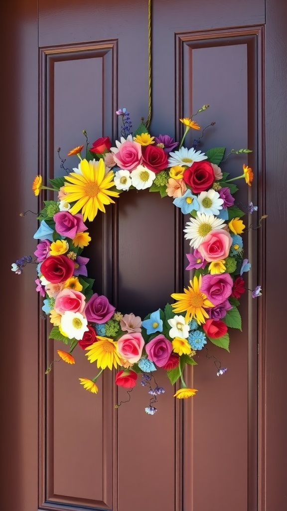 A colorful floral wreath hung on a brown door, featuring an assortment of flowers like roses and daisies.