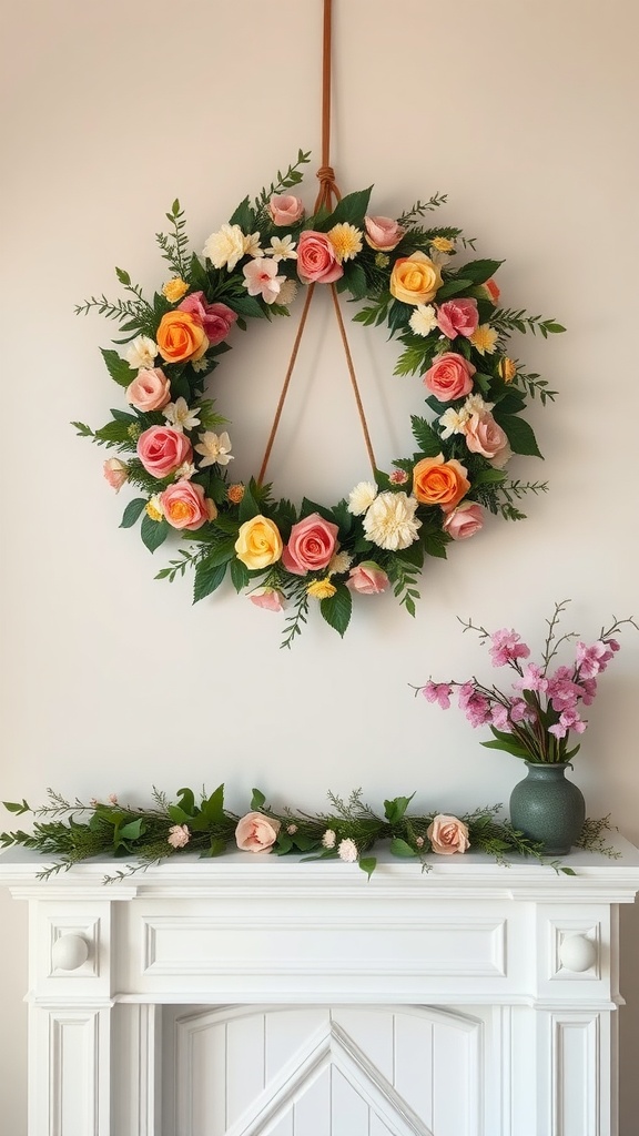 A floral wreath with pink and orange roses hanging on a wall above a white mantel decorated with a garland and a small vase of pink flowers.