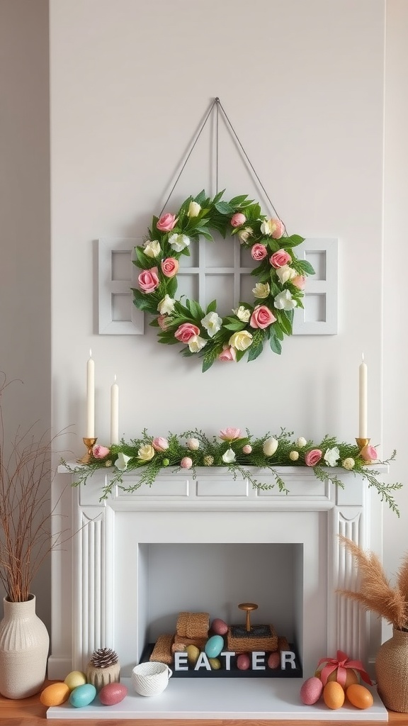 A floral wreath with pink roses and white flowers hangs above a fireplace decorated for Easter.