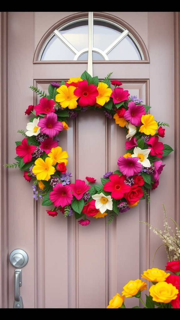 Colorful floral wreath hanging on a door, featuring bright flowers in pink, yellow, and white.