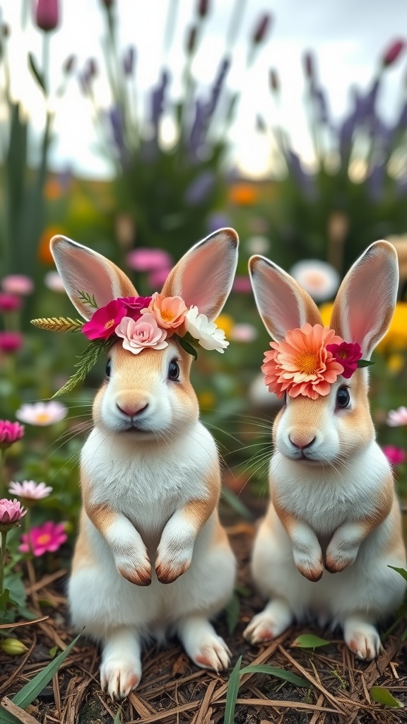 Two bunnies wearing flower crowns surrounded by colorful flowers