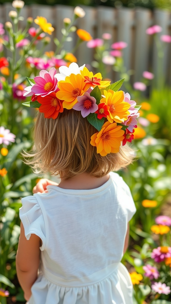 A child wearing a colorful flower crown made of faux flowers, surrounded by a blooming garden