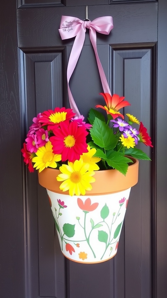 Colorful flower pot display hanging on a door with a pink ribbon.