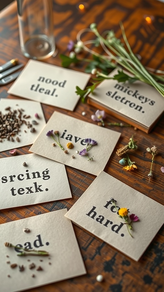 A collection of flower seed paper cards with dried flowers and seeds on a wooden table.