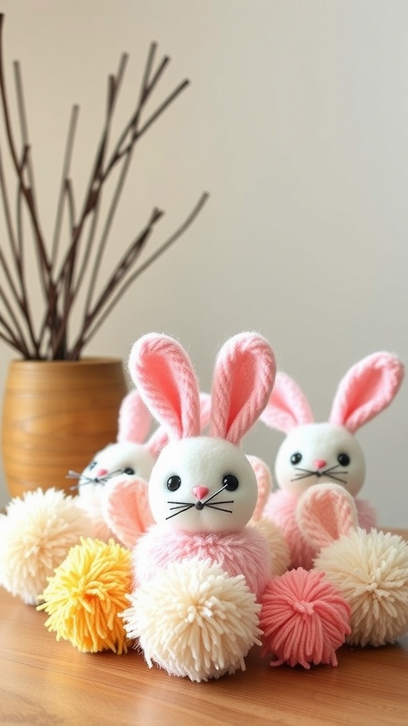 Cute fluffy bunny pom-poms in pastel colors with decorative pom-poms