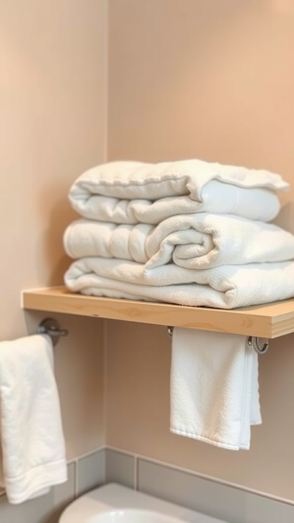 A neatly organized display of fluffy white towels stacked on a shelf and hanging on a towel rack in a warm bathroom.