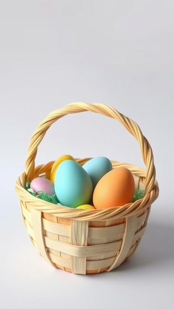 A small woven craft basket filled with colorful foam eggs, perfect for Easter decorations.