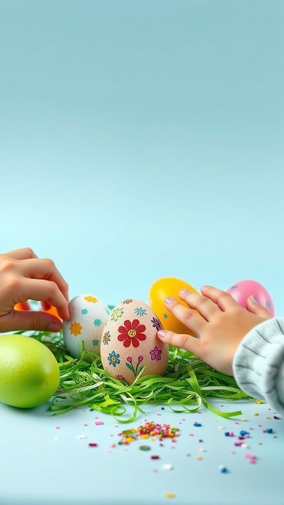 Colorful foam eggs surrounded by green grass and confetti, with small hands reaching for them.