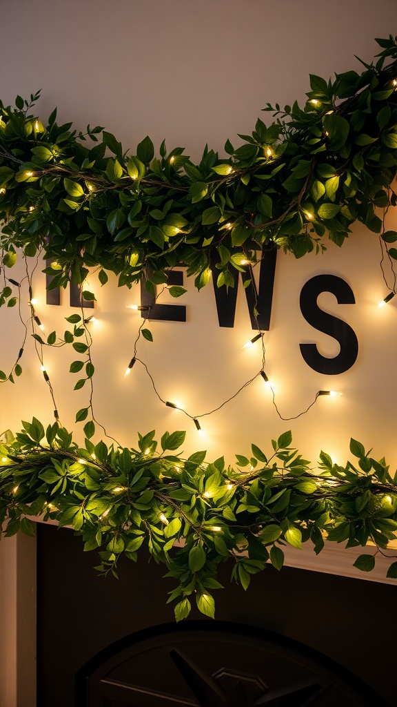 A mantle decorated with green foliage and fairy lights.