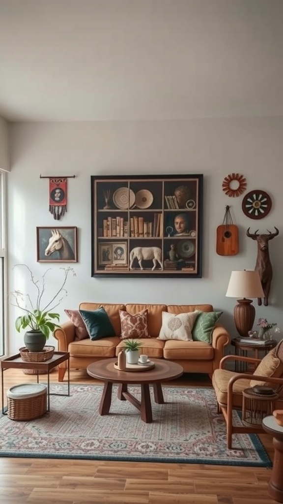 A cozy living room decorated with folk art and cultural pieces.