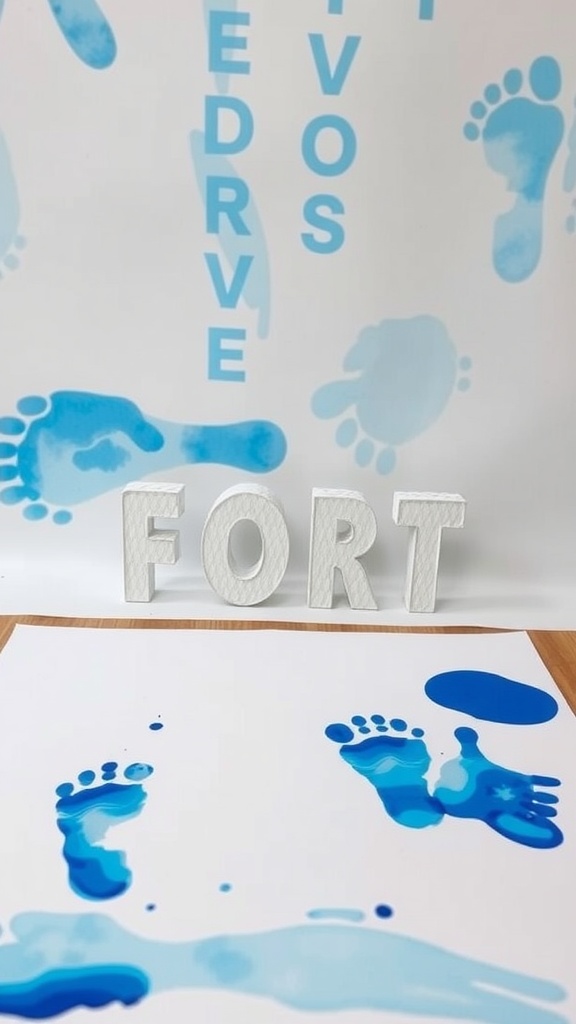 Footprint craft activity displaying blue baby footprints on paper with the letters F-O-R-T