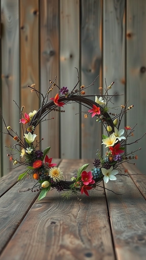 A vibrant foraged floral wreath made with colorful flowers and twigs, displayed against a wooden background.