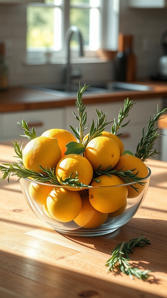 A bowl filled with bright yellow lemons and fresh rosemary on a kitchen table.