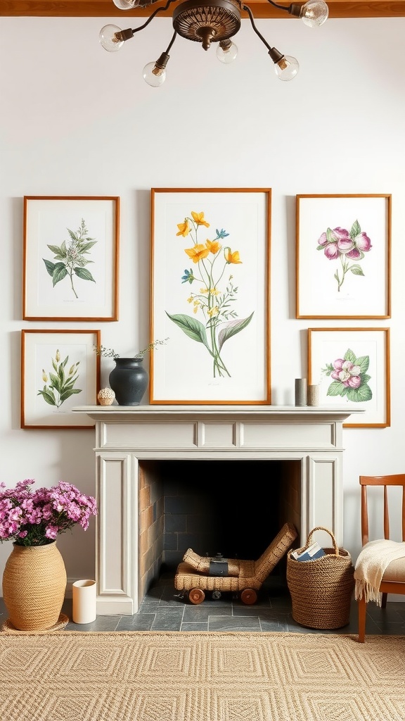 Framed botanical prints on a wall above a fireplace, featuring floral illustrations in warm frames, with a cozy living space below.