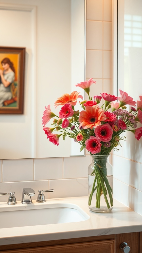 A vibrant bouquet of flowers in a glass vase on a bathroom countertop.