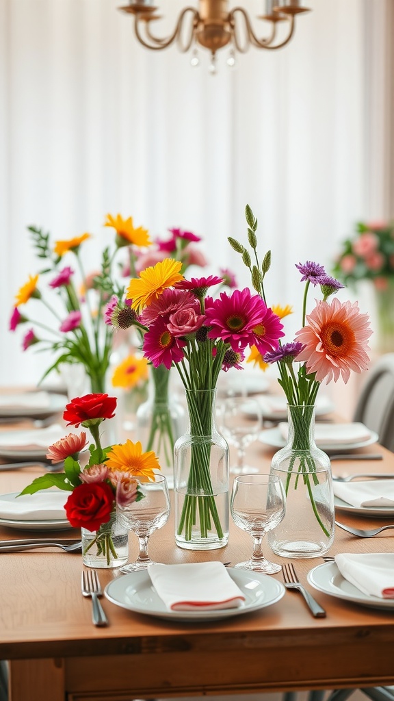 A beautifully arranged spring dinner table with fresh flowers in various glass vases, showcasing vibrant colors.