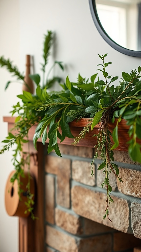 A wooden mantle decorated with fresh greenery, showcasing various types of leaves.