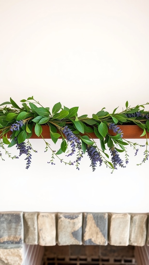 A garland featuring fresh greenery and lavender displayed on a mantle, adding a spring touch.