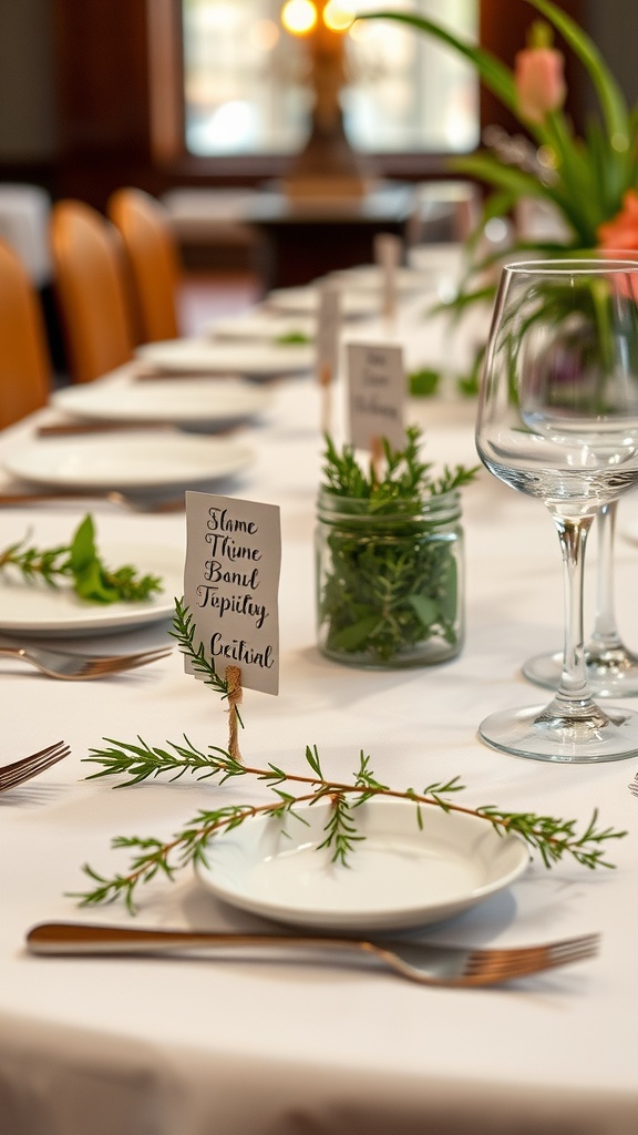 A beautifully set table with fresh herbs as place settings, featuring white plates, silverware, and name cards.