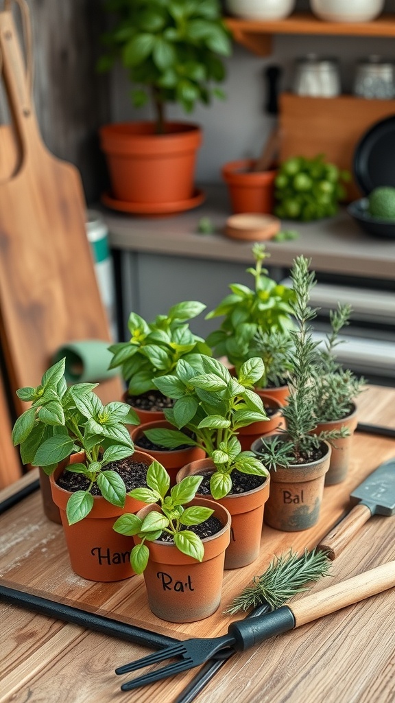 A collection of small herb planters on a kitchen table with labels and gardening tools