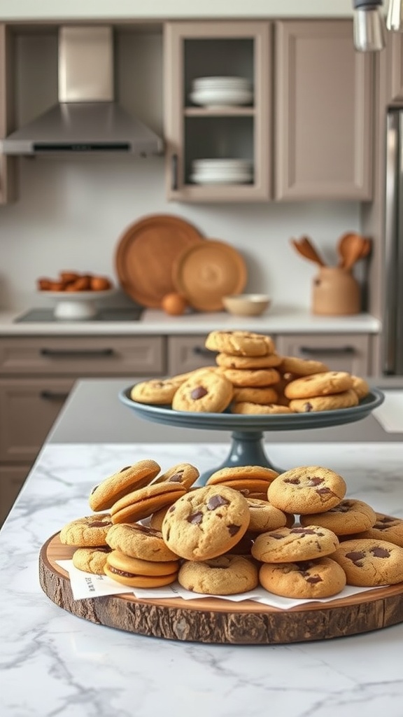 A kitchen island with a tiered stand of freshly baked cookies and a wooden platter of cookies.