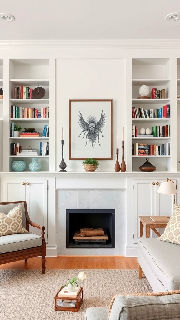 A comfortable ranch-style living room featuring built-in shelves filled with books and decorative items, framed artwork over a fireplace, and cozy seating arrangements.