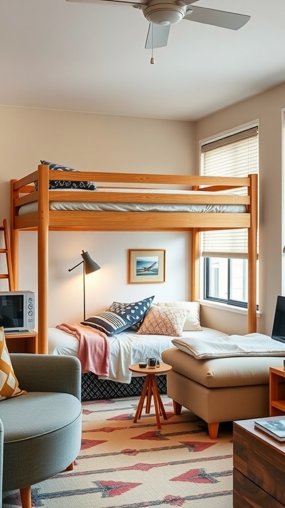 A cozy dorm living room featuring a functional bunk bed with a wooden frame, a daybed below, and a stylish rug.