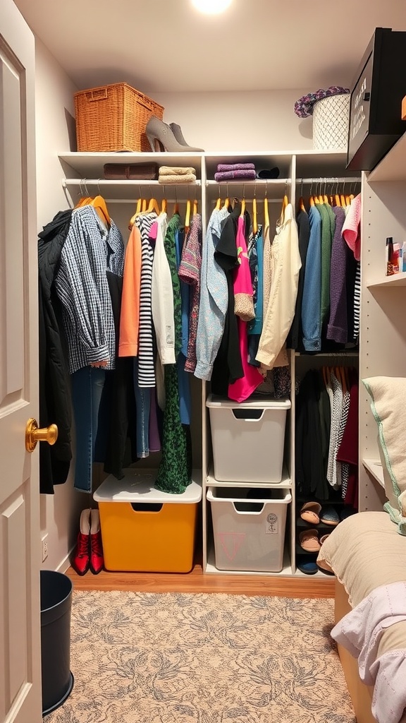 Organized closet with colorful clothes on hangers, storage bins, and a rug on the floor.