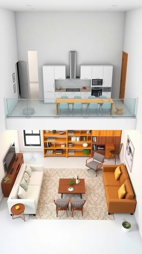 A combined living room and kitchen layout showcasing functional furniture arrangements.