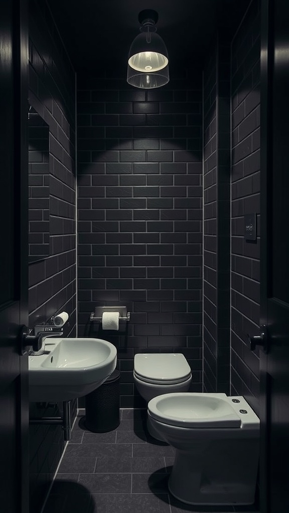 A small dark bathroom with a modern layout, featuring a sink and toilet.