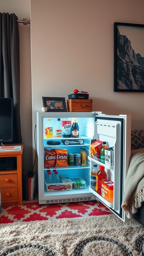 A mini fridge filled with snacks and drinks in a dorm living room.