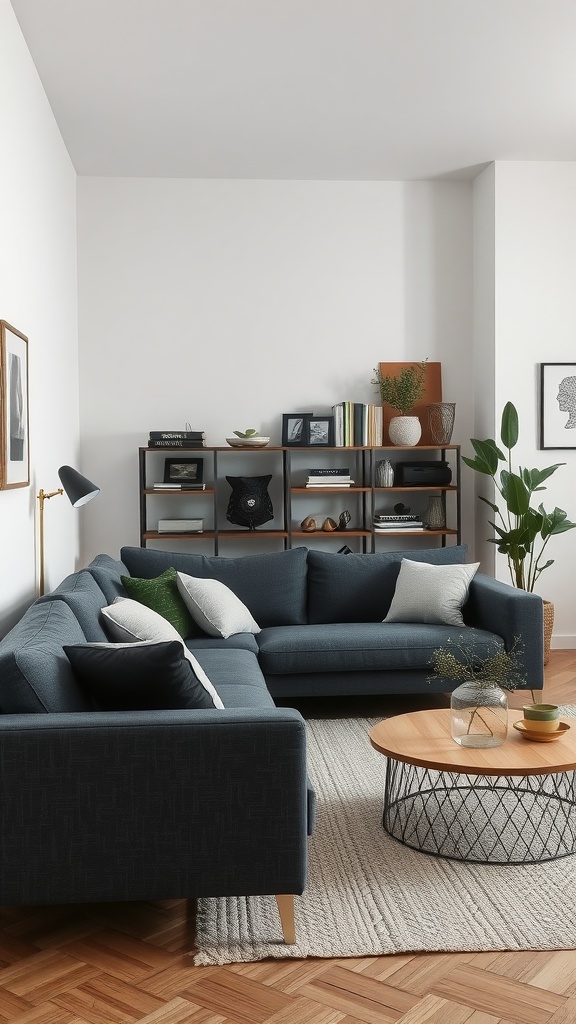 A stylish dark gray sectional couch in a modern living room with a round coffee table and bookshelf.