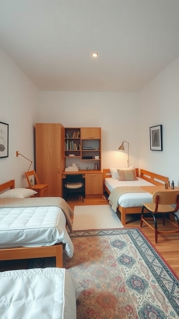 Small shared bedroom with two beds, a desk, and a cozy rug