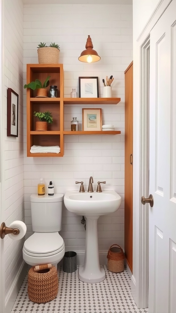 A small bathroom showcasing functional storage solutions with wooden shelves, plants, and decorative items.