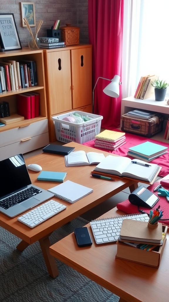 Cozy study area in a dorm living room with a laptop, books, and study materials on a table