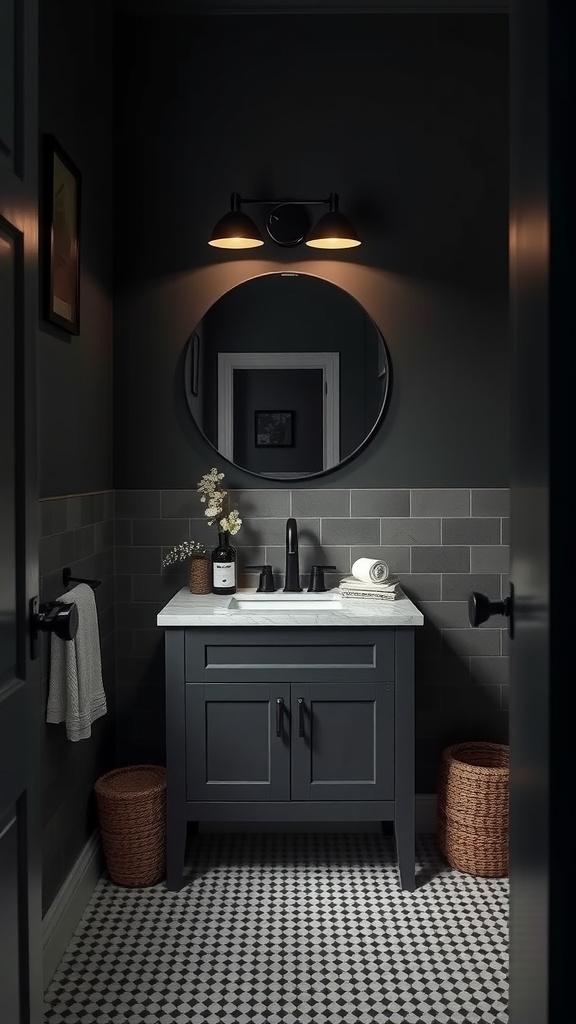 Small dark bathroom with a functional vanity, round mirror, and gray tiles.