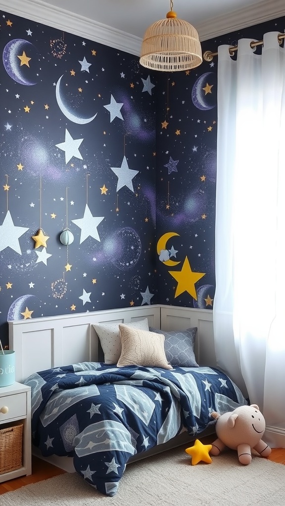 A cozy bedroom with galaxy-themed decor featuring starry wallpaper, a comfortable bed with star-patterned bedding, and soft toys.